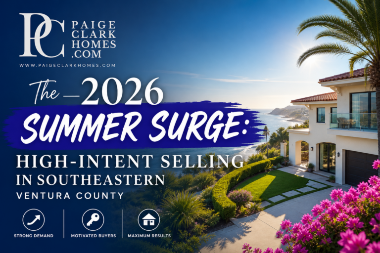 Aerial view of a luxury residential neighborhood in Southeastern Ventura County nestled in rolling green hills during sunset, featuring the blog title "The 2026 Summer Surge" and the Paige Clark Homes logo.